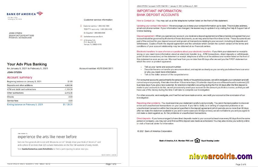 USA Bank of America bank statement in Word and PDF format, 6 pages, version 2